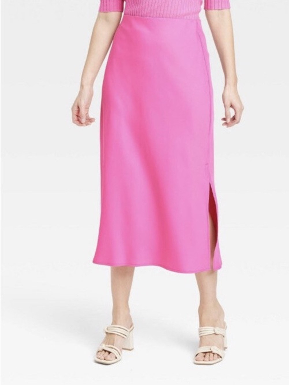 A New Day Hot Pink Satin Midi Skirt High Slit Size M